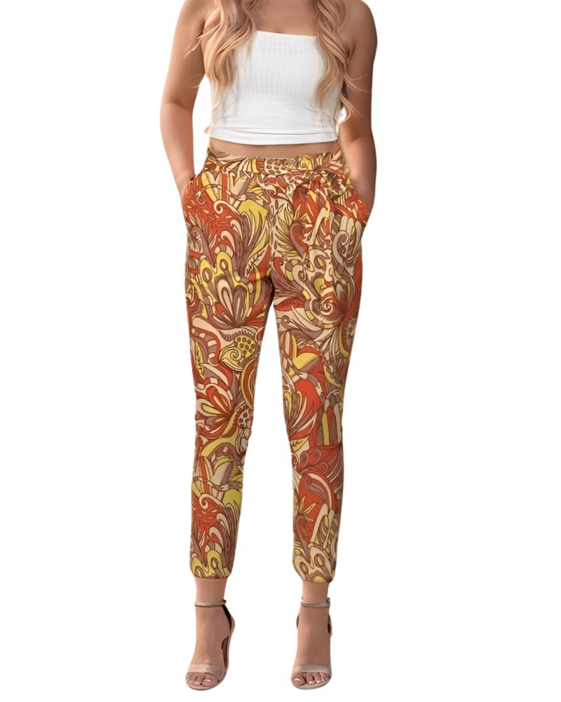 Belted cropped length pants , with a comfortable fit and a flattering tapered leg psychedelic paisley floral retro print Blissfully Brand