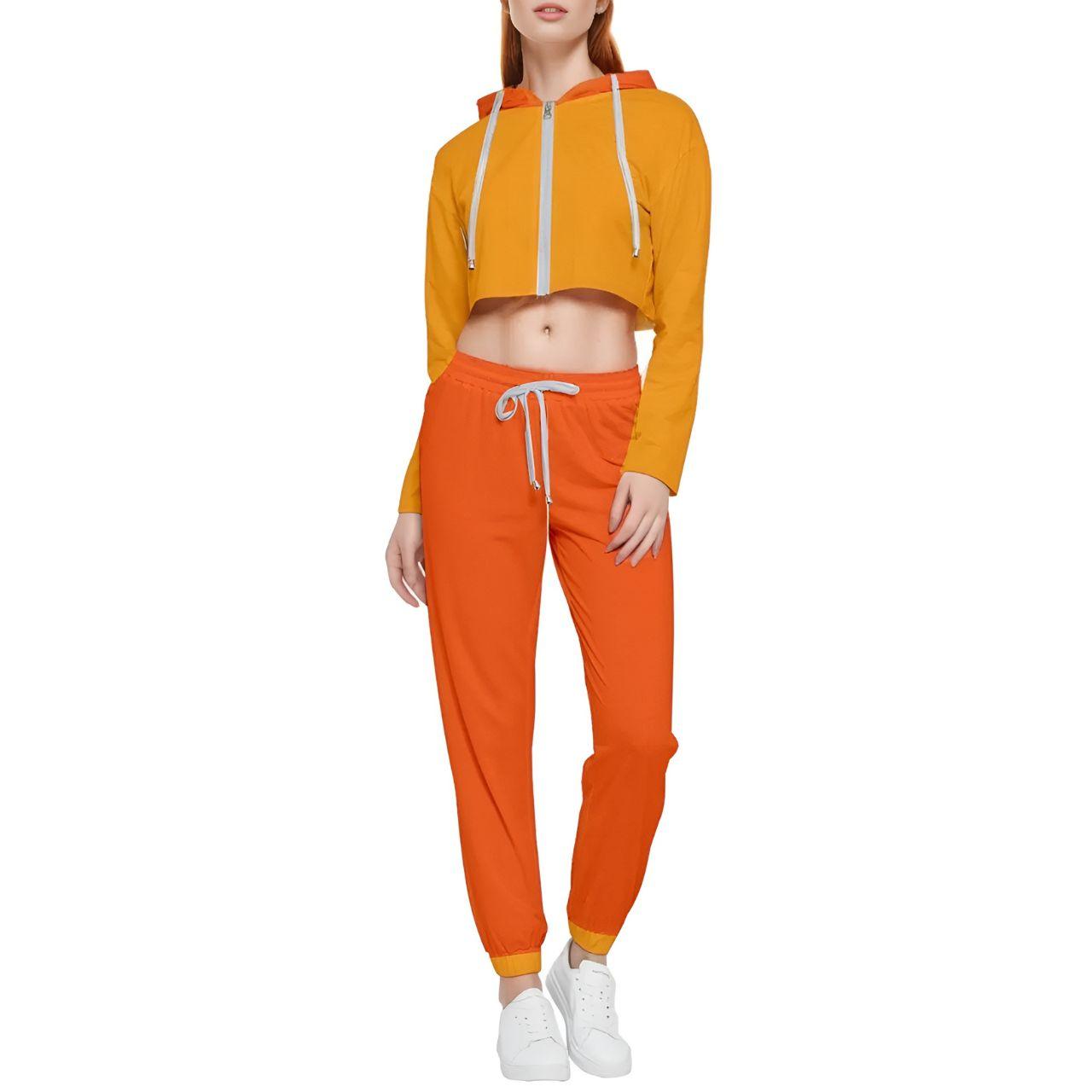 Vibrant Contrast Color Block Two-Piece Women's Athleisure Set Featuring a Cropped Hoodie with Raw Hemline  and Jogger Pants - This trendy two-piece set includes a vibrant orange cropped top with matching jogger pants with adjustable drawstrings. The perfect blend of casual comfort  ideal for both lounging and outdoor activities.