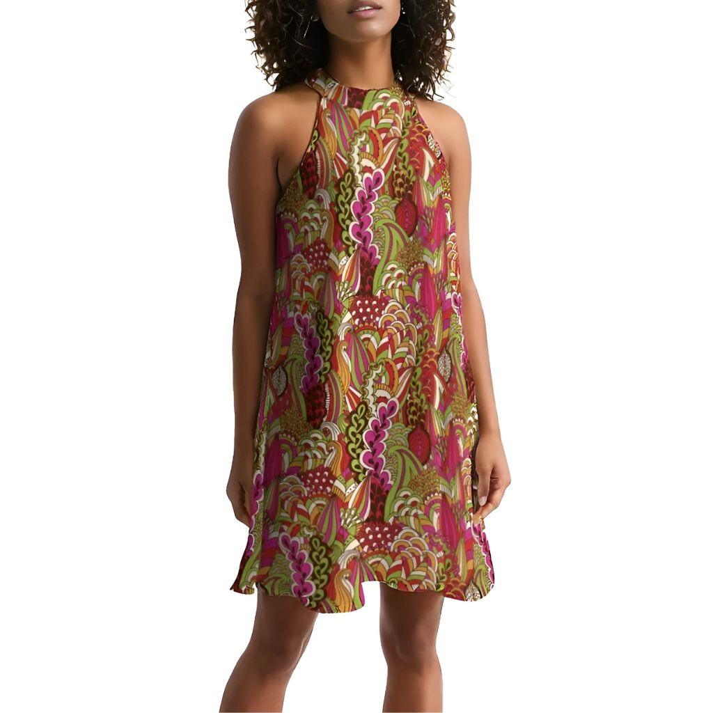 Onei Halter Flare Dress - Psychedelic Paisley Floral Print Retro Funky Bold Vibrant Cocktail Length Kaleidoscope Pink Red Green