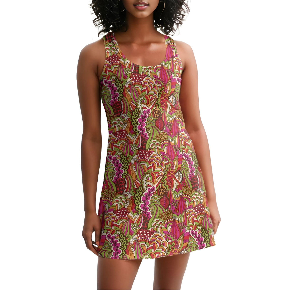 Onei Racerback Mini Dress - Psychedelic Paisley Floral Retro Vibrant Bold Funky Red Pink Green Kaleidoscope