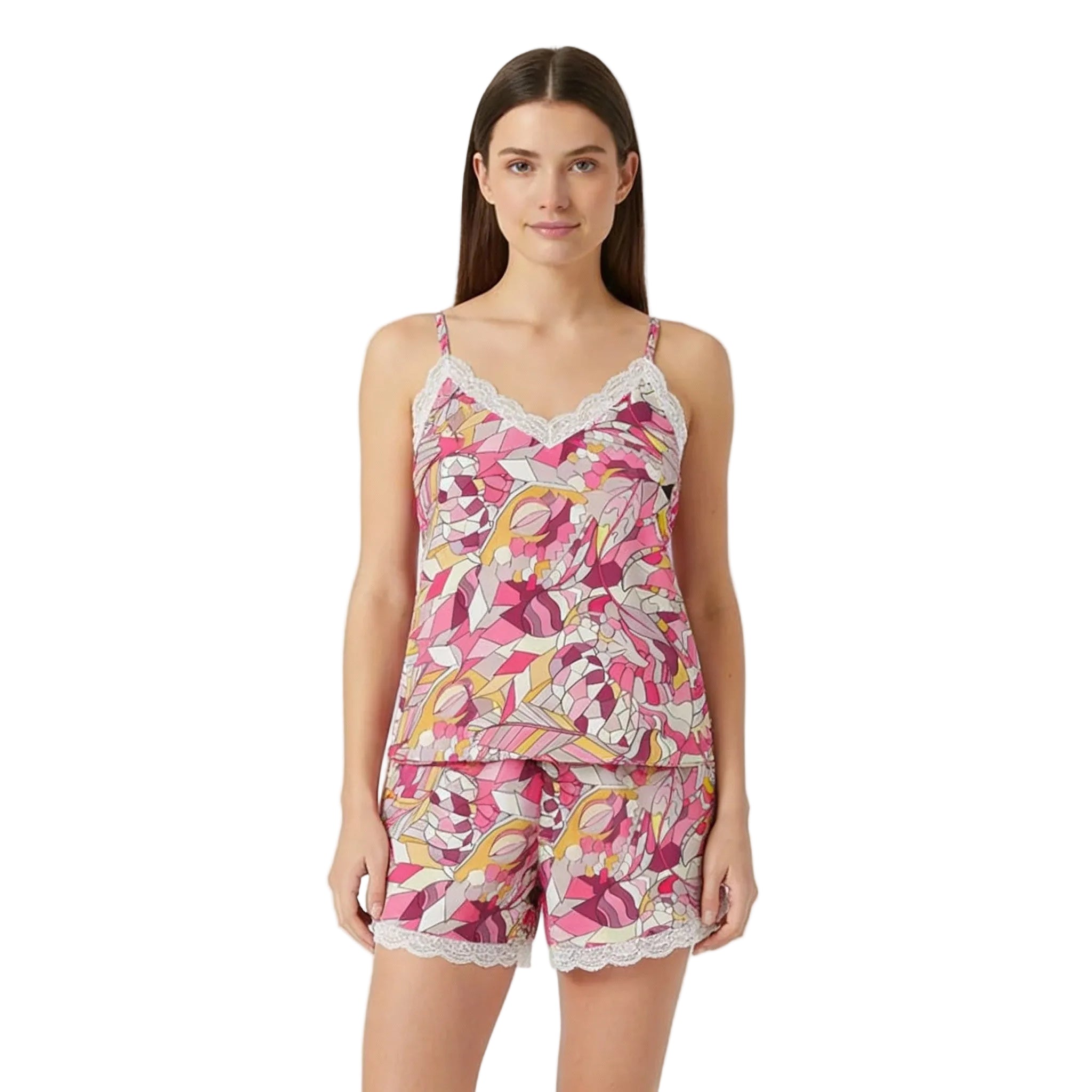 Perl print jersey lounge set with adjustable straps and lace edges, cami and shorts in pink geometric abstract patterned design - Blissfully Brand