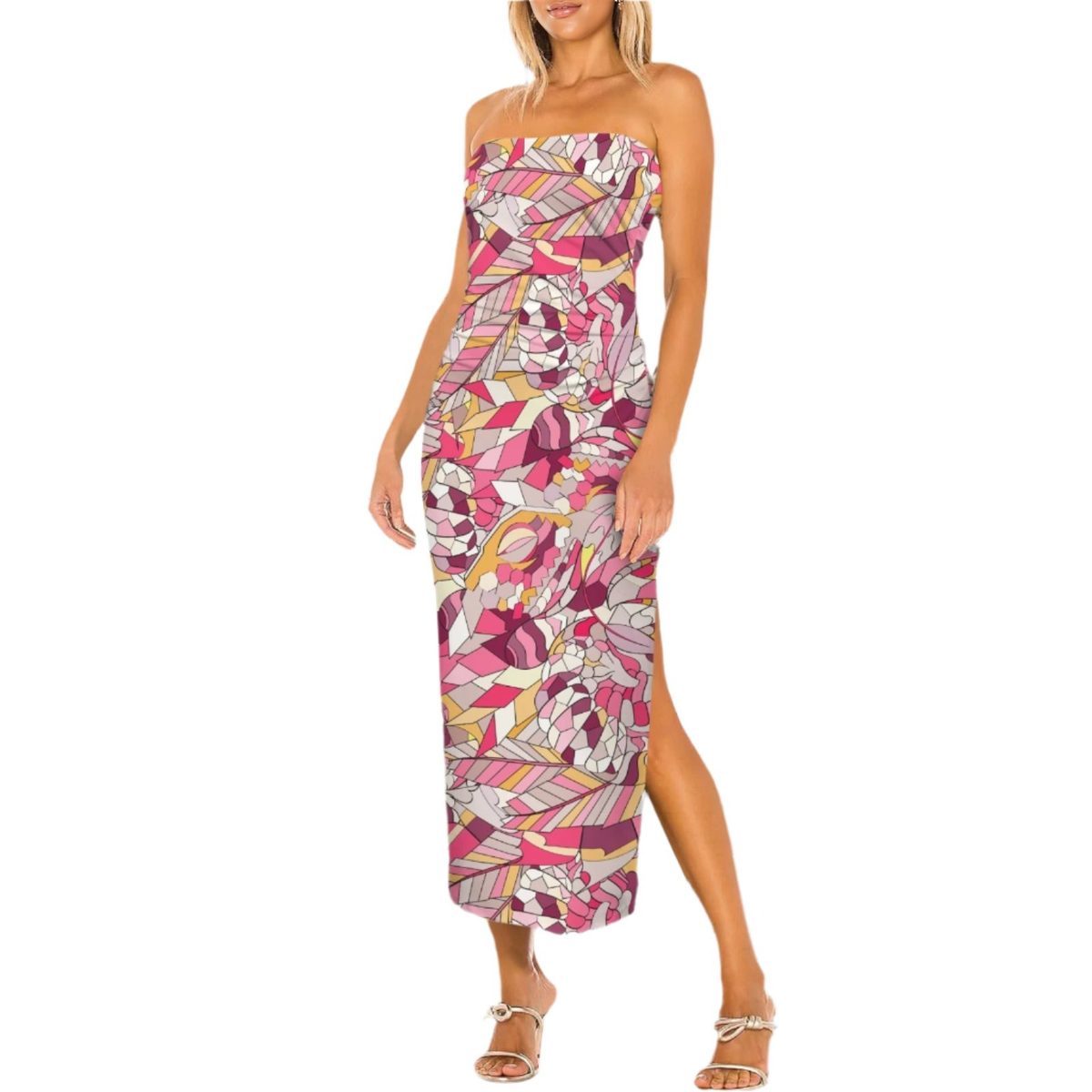 Perl Strapless maxi dress with colorful geometric abstract mosaic print featuring pink, purple, yellow, and white patterns, form-fitting silhouette, and side slit Blissfully Brand