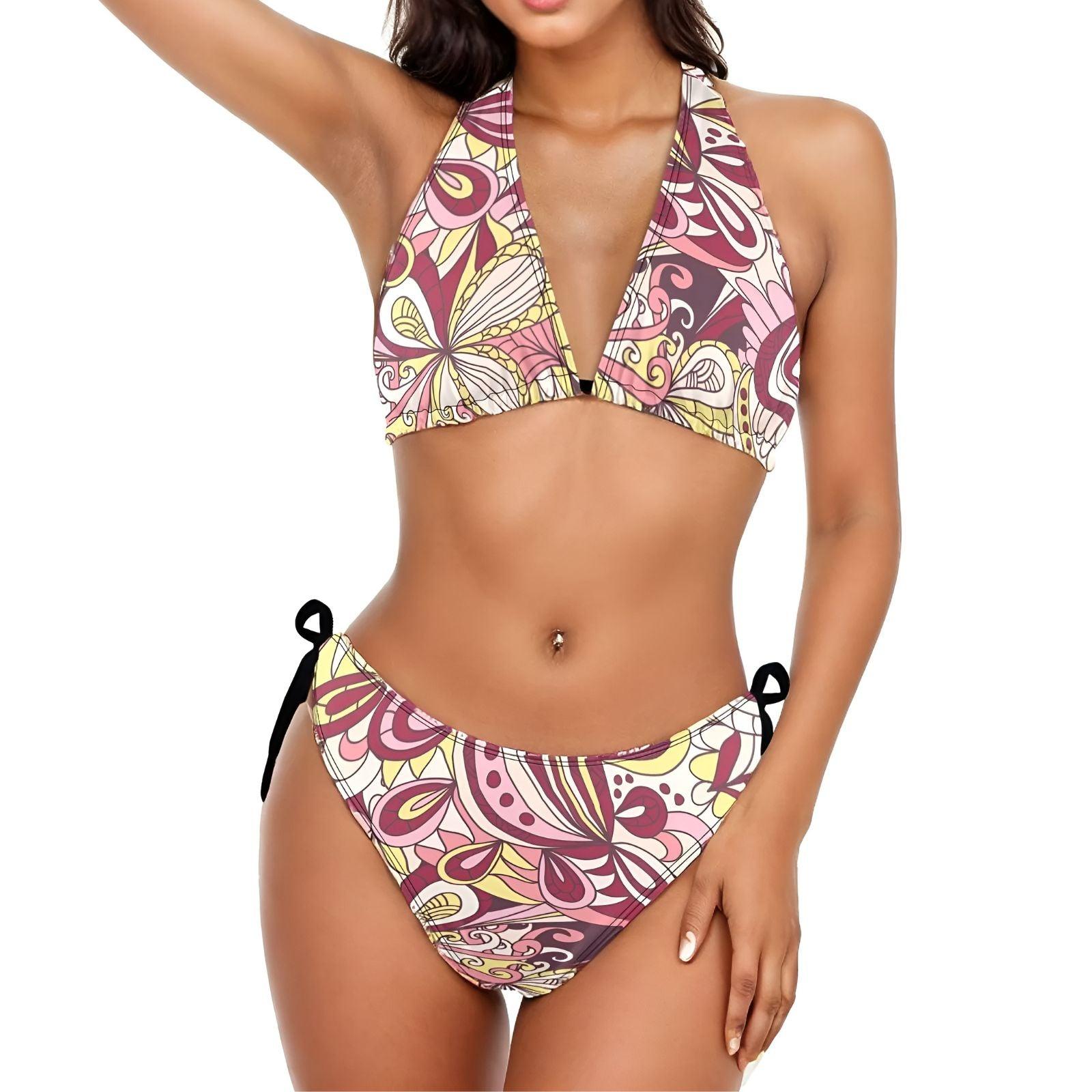 Piki Boho Paisley Floral print bikini Psychedelic pattern swimwear Adjustable Tie Halter Neck Bohemian style Swimwear High Cut Bottom Trendy Chic Plus Sizes Blissfully Brand