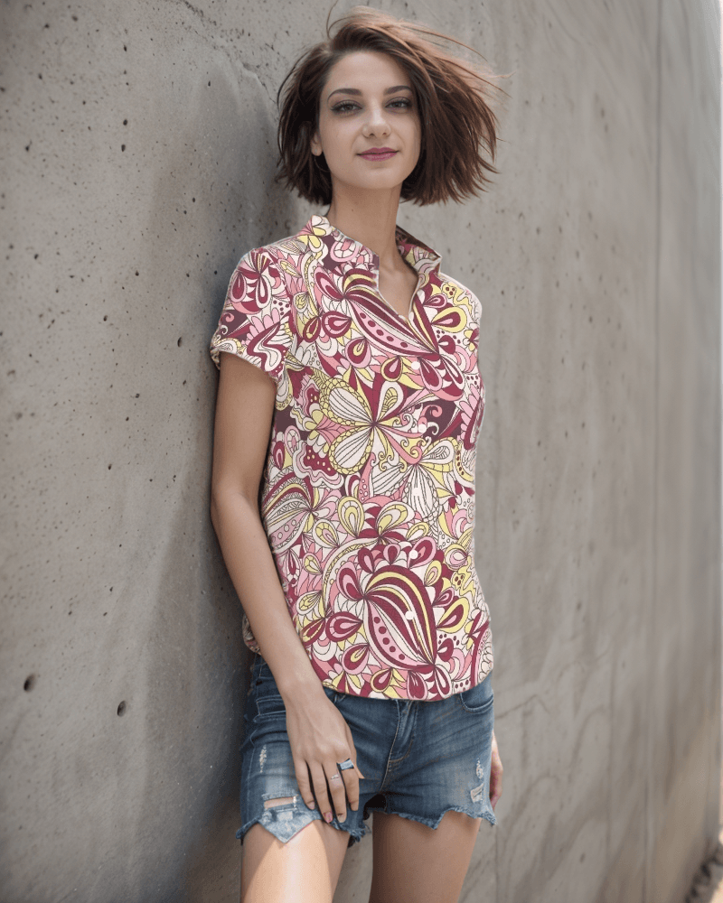Vibrant Piki Short Sleeve Button Collar Top with bold and vibrant retro psychedelic abstract paisley and floral design - Blissfully Brand