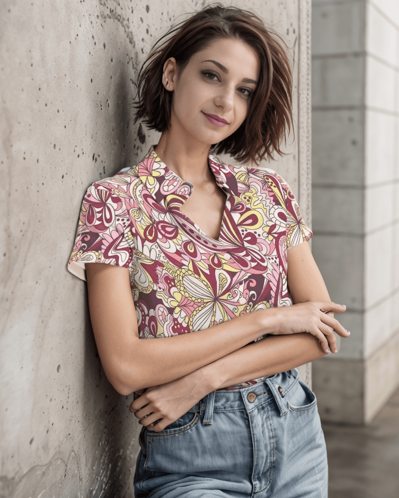 vibrant, psychedelic floral-patterned Piki women's short-sleeve button-down top - retro inspired casual - Blissfully Brand
