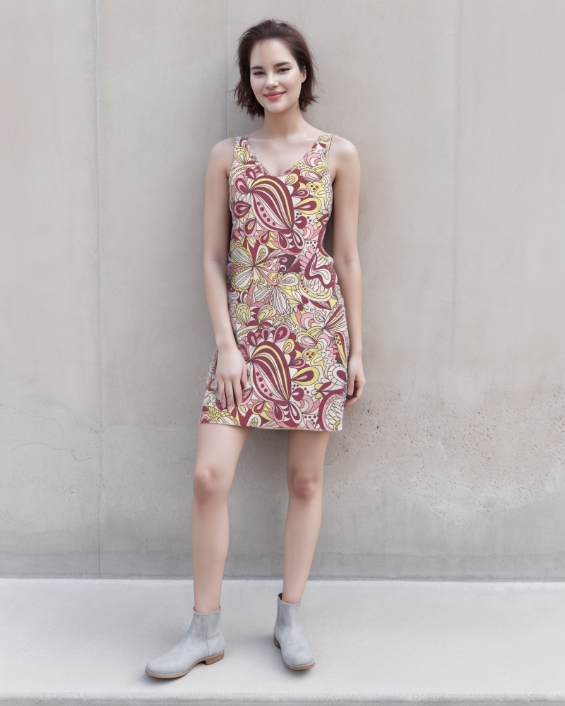 stunning sleeveless Piki rib-knit dress featuring a vibrant retro psychedelic paisley and floral print in shades of burgundy, pink, yellow, and cream. The dress is a mini length, V-neck design that flatters the figure - Blissfully Brand