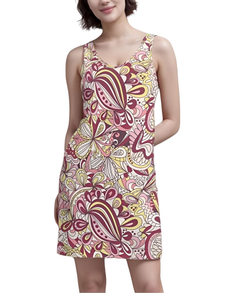 Piki Sleeveless mini dress with bold burgundy, pink and yellow abstract retro floral print pattern on white background, fitted silhouette - Blissfully Brand