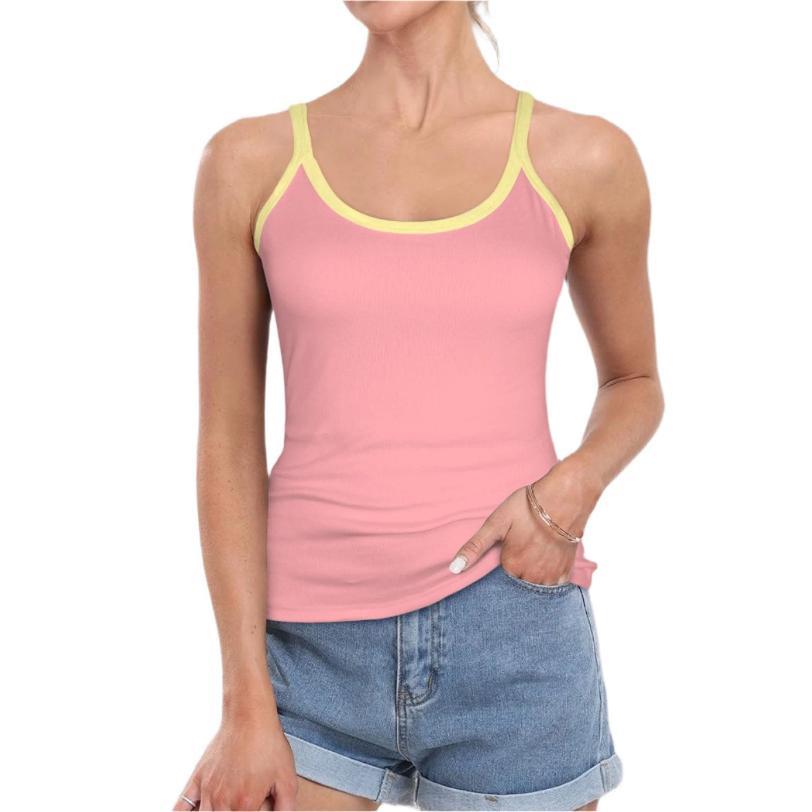 Piki Low Scoop Neck Cami Top - Pink with contrast yellow trim. Coordinate Solid - Blissfully Brand