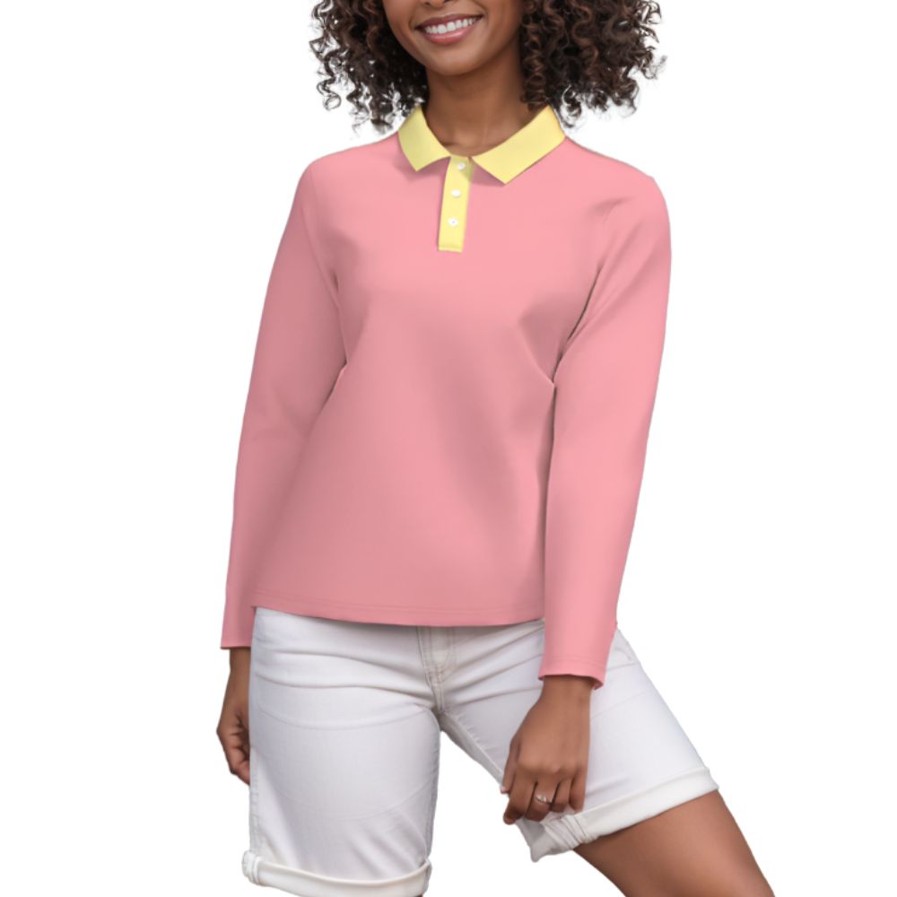 Paki Series pink fleece-lined polo top with yellow collar - Contrast Two Tone Women's Long sleeve top sustainable  - Blissfully Brand