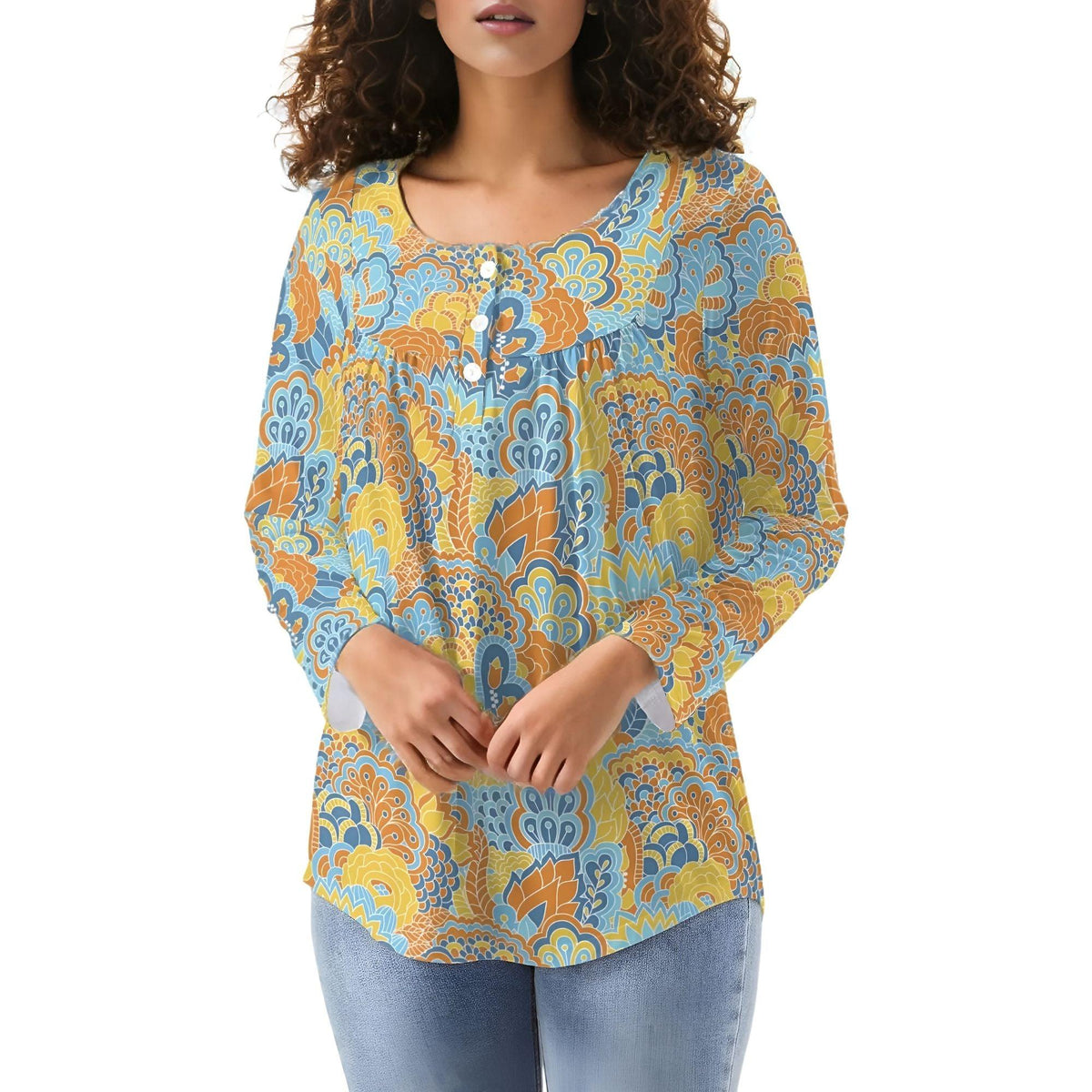 Pinsa Babydoll Long Sleeve Crew Neck Top - Floral Paisley Retro Flower Power Funky Psychedelic Crew Neck