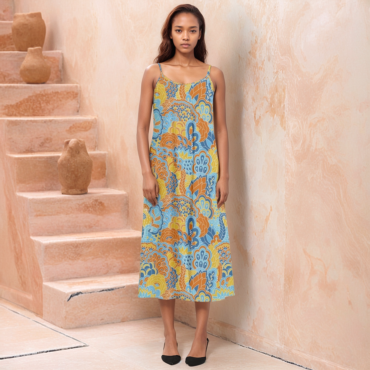 Retro pattern midi dress with a captivating floral pattern in shades of blue, yellow, and orange. The dress is sleeveless and has a flowing silhouette. Summer Flower Power Blissfully Brand