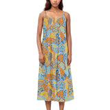 Pinsa colorful floral print midi dress with spaghetti straps in yellow, blue, and orange tones, retro flower power summer dress