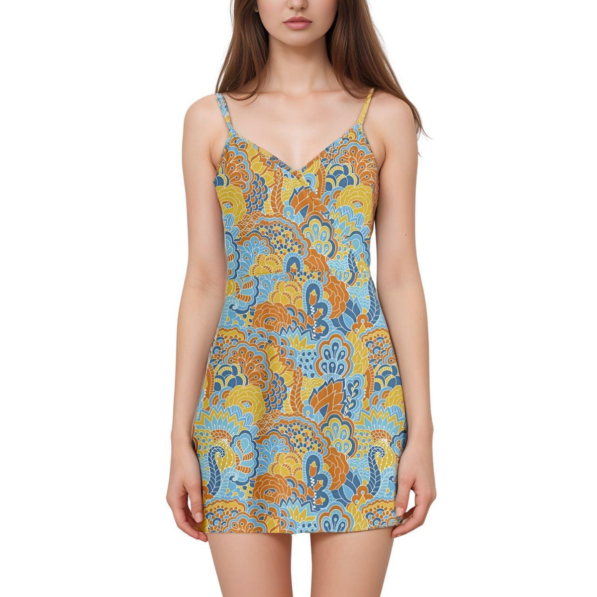 Women's vibrant floral print sundress in yellow and blue tones, perfect for summer fashion. Stylish sleeveless casual dress with V-neckline and flared skirt