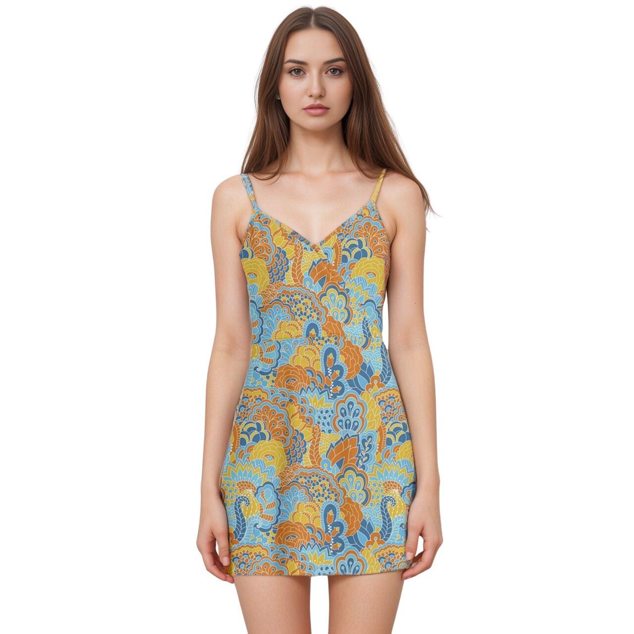 Colorful psychedelic floral paisley print summer sundress with spaghetti straps, v-neckline, and short A-line skirt in vibrant blue, yellow and orange retro pattern