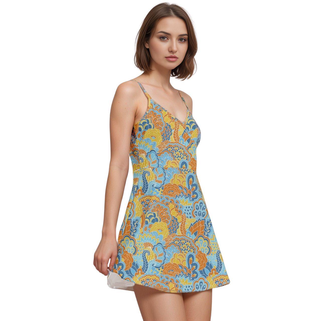 Women's retro blue, yellow, and orange floral print mini dress. The dress is sleeveless with a V-neckline and is perfect for summer. It's a stylish and comfortable choice for any occasion