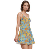 Women's retro blue, yellow, and orange floral print mini dress. The dress is sleeveless with a V-neckline and is perfect for summer. It's a stylish and comfortable choice for any occasion