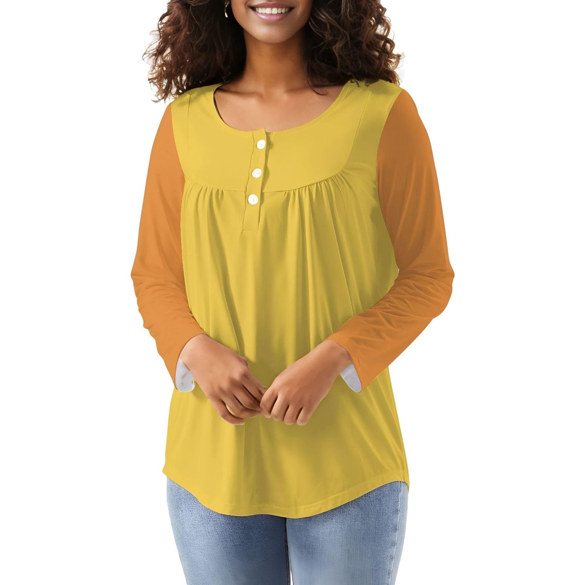 Pinsa Yellow Orange Babydoll Long Sleeve Crew Neck Top - Color Block Relaxed Bold Solid Vibrant Blouse Women's