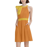Pinsa Orange & Yellow Cocktail Party Halter Sleeveless Dress with Pockets - Vibrant Bold Retro Solid Color Block Ruffle Shoulder