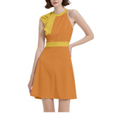 Pinsa Orange & Yellow Cocktail Party Halter Sleeveless Dress with Pockets - Vibrant Bold Retro Solid Color Block Ruffle Shoulder 