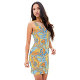 Pinsa Bodycon Mini Dress - Psychedelic Flower Power Paisley Floral Retro Blue Orange Yellow Funky Fitted Bold & Vibrant