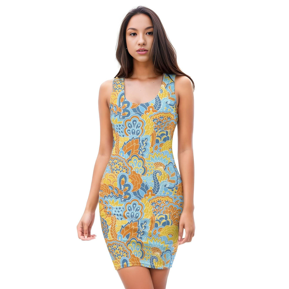 Pinsa Bodycon Mini Dress - Psychedelic Flower Power Paisley Floral Retro Blue Orange Yellow Funky Fitted Bold & Vibrant