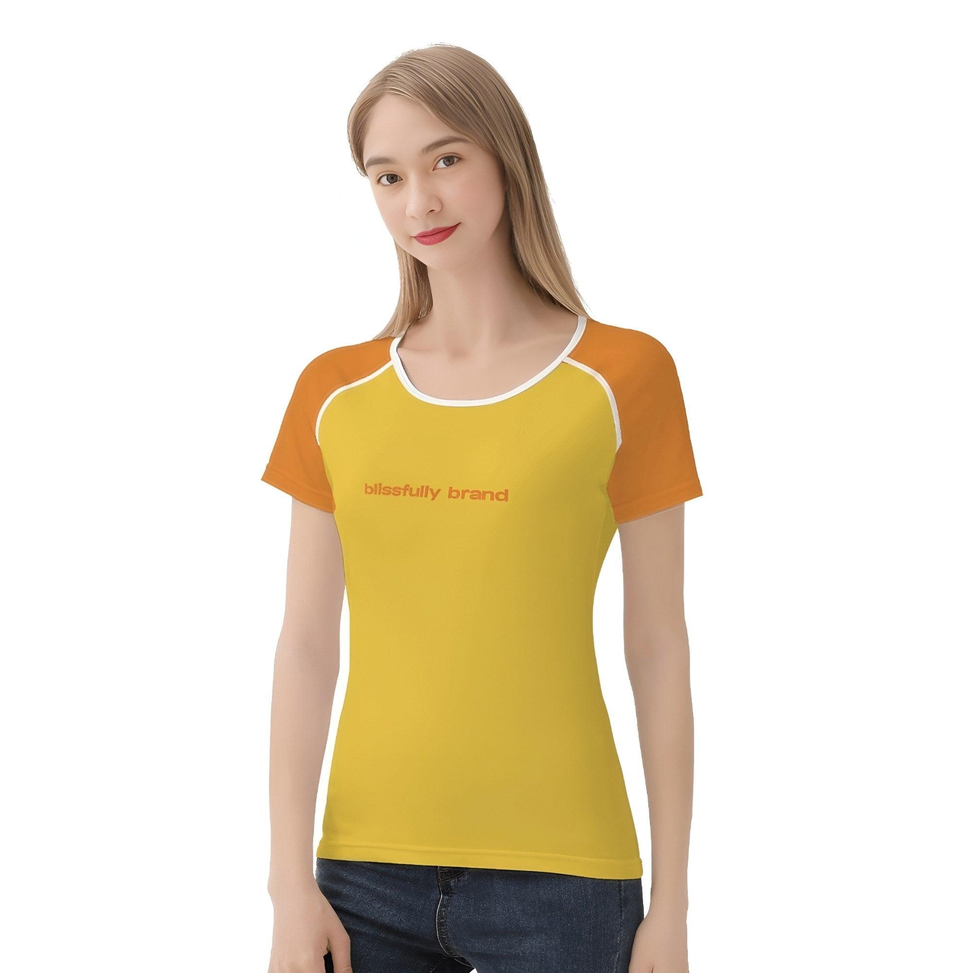 Pinsa Color Block Women's Stretchy Logo Crewneck Casual Spandex Silky Tee - Yellow Orange