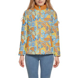 Vibrant Floral Paisley Women's Puffer Jacket - Blue, Yellow & Orange Pattern Retro Flower Power Psychedelic Blissfully Brand