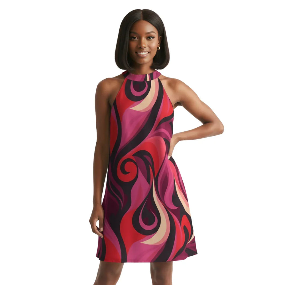 Vibrant red, pink, and black abstract print halter flare dress. A-line silhouette, sleeveless, and features a high neckline. Retro Chic Abstract Print - Blissfully Brand