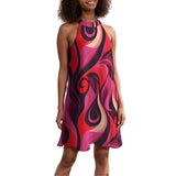 Vibrant red, pink, and black abstract print halter flare dress. A-line silhouette, sleeveless, and features a high neckline. Retro Chic Abstract Print - Blissfully Brand