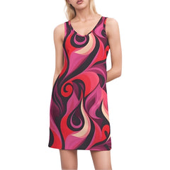 Vibrant pink and red Airline Series print mini dress with swirling abstract reto pattern, sleeveless design, and form-fitting style 70's inspired pattern - Blissfully Brand Black Label