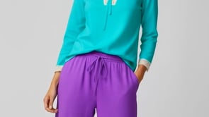 Aqua Split-Neck Long Sleeve Blouse with Lace Detail - Core Essentials