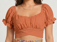 Binka Orange Puff Sleeve Crop Top with Tie Back