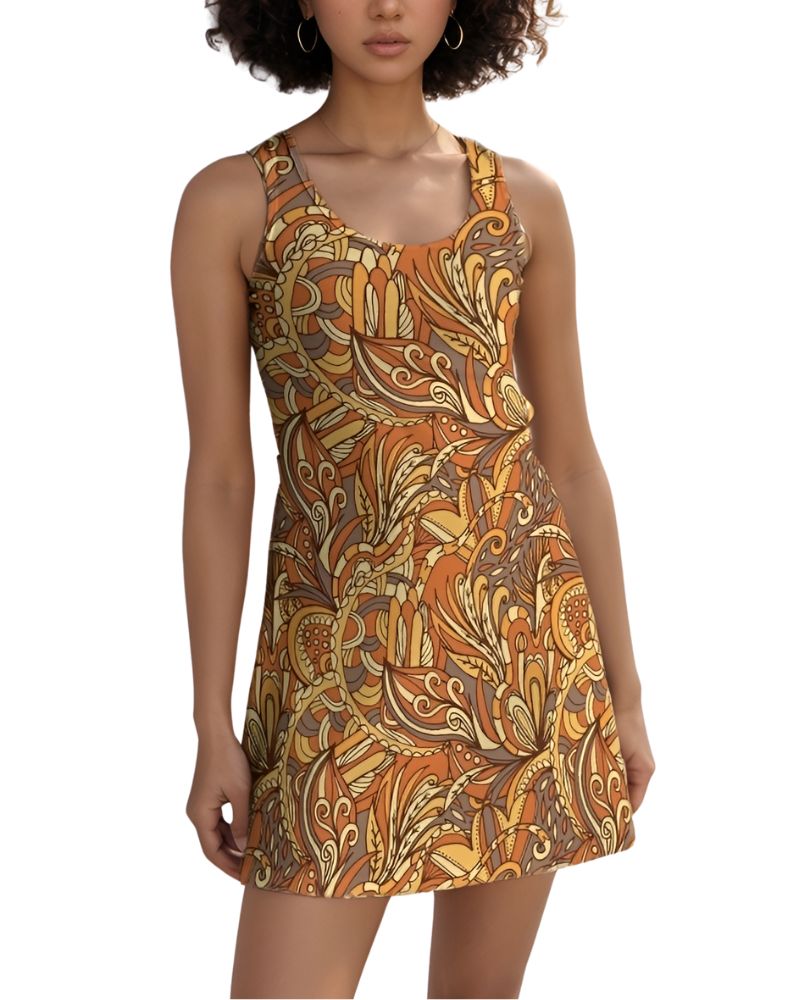 Retro-inspired  psychedelic floral sleeveless mini racerback dress with vibrant orange, yellow, and brown pattern, perfect for summer fashion and casual wear