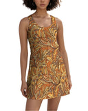 Retro-inspired  psychedelic floral sleeveless mini racerback dress with vibrant orange, yellow, and brown pattern, perfect for summer fashion and casual wear