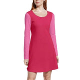 Red velour dress with color-blocked long sleeves in a lighter pink, round neckline, and A-line cut - women's fashionable and comfortable outfit.