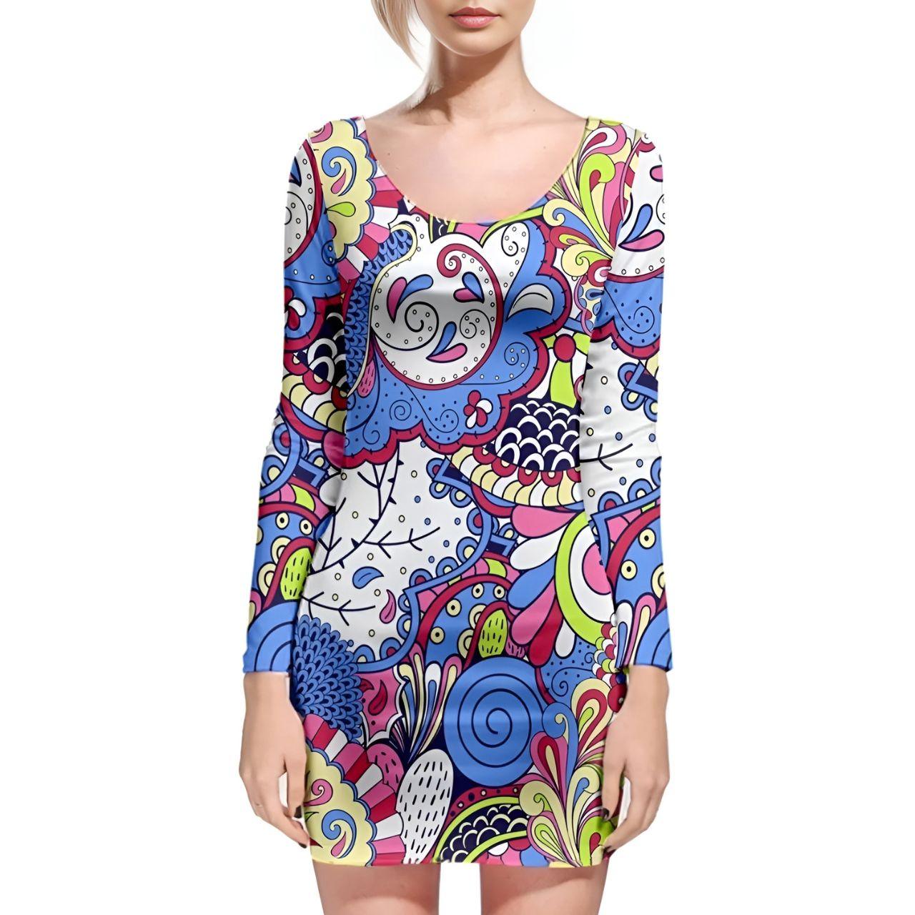 Vibrant psychedelic print bodycon dress with long sleeves, featuring bold swirls and abstract floral patterns in blue, pink, green, and yellow. Stylish form-fitting mini dress perfect for artistic events and trendy parties. Eye-catching colorful design on comfortable stretch fabric. Unique statement piece for fashion-forward women