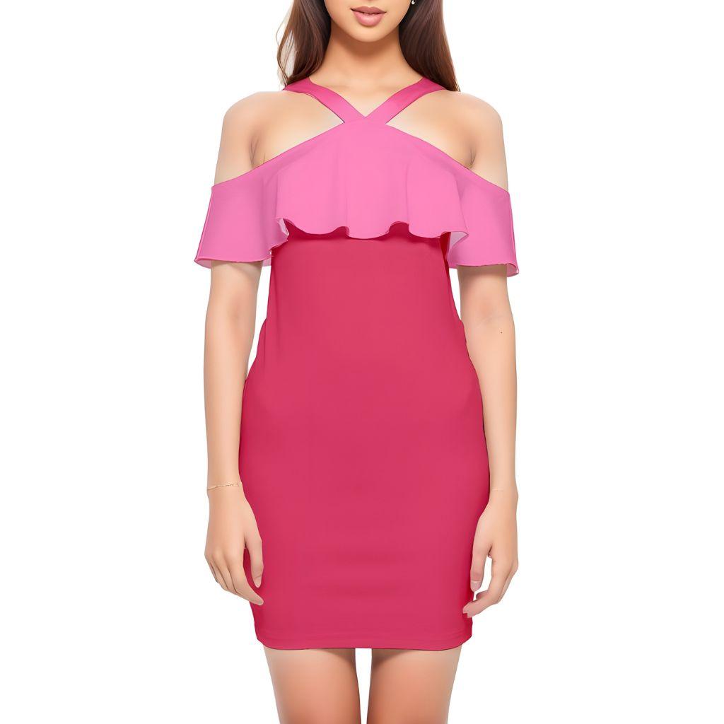 Sechia Red Hot Pink Reversible Strap Off Shoulder Frill Bodycon Dress Mini Ruffled Halter Strap Fitted Bold Vibrant Color Block Coordinate Summer 