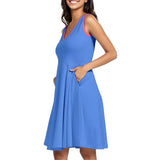 Sechia Blue Sleeveless V-neck Skater Pocket Dress Knee length midi coordinate cocktail pleated solid