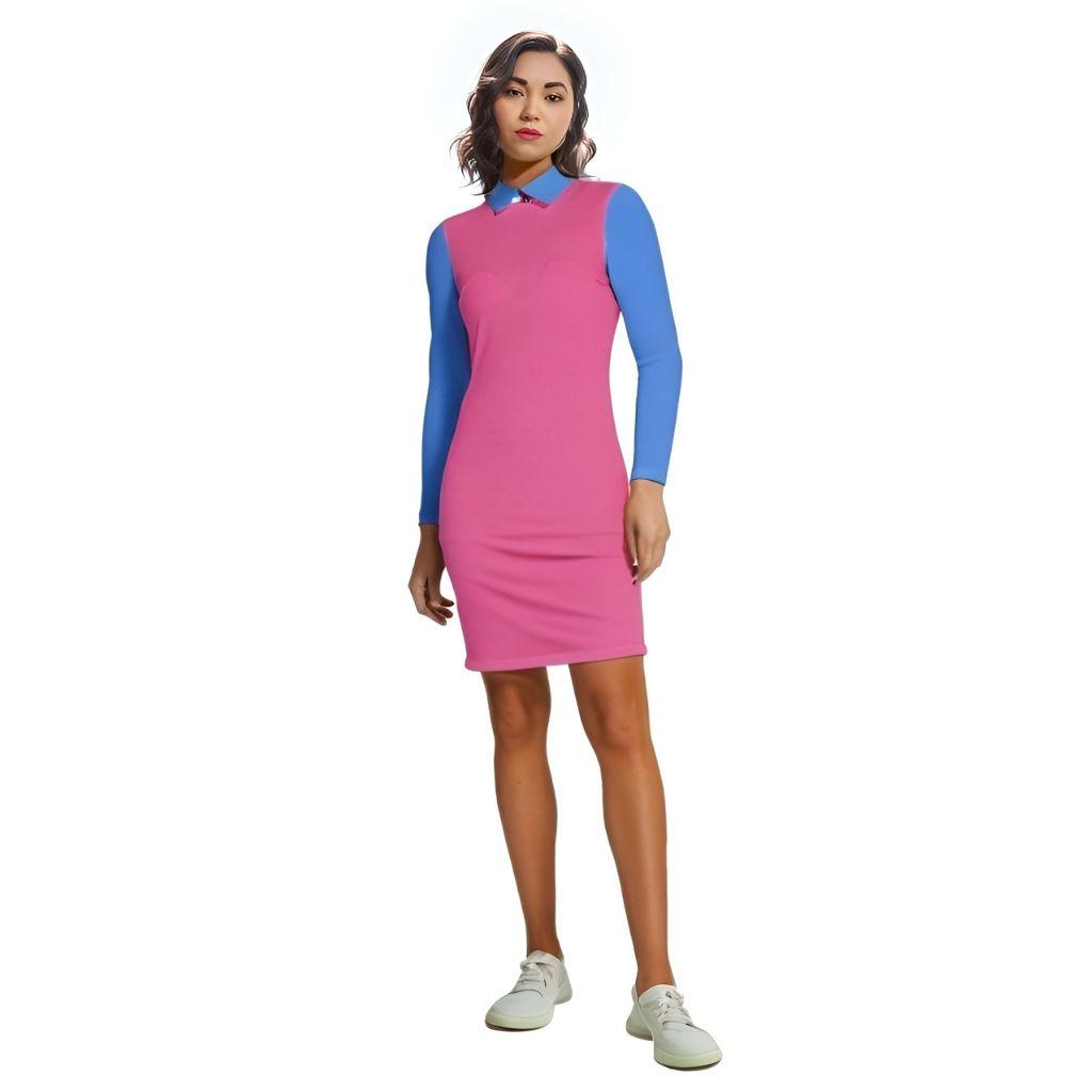 Sechia Hot Pink Blue Color Block Bodycon Collar Courtesy Dress Cocktail Above Knee Collared Long Sleeve Fitted