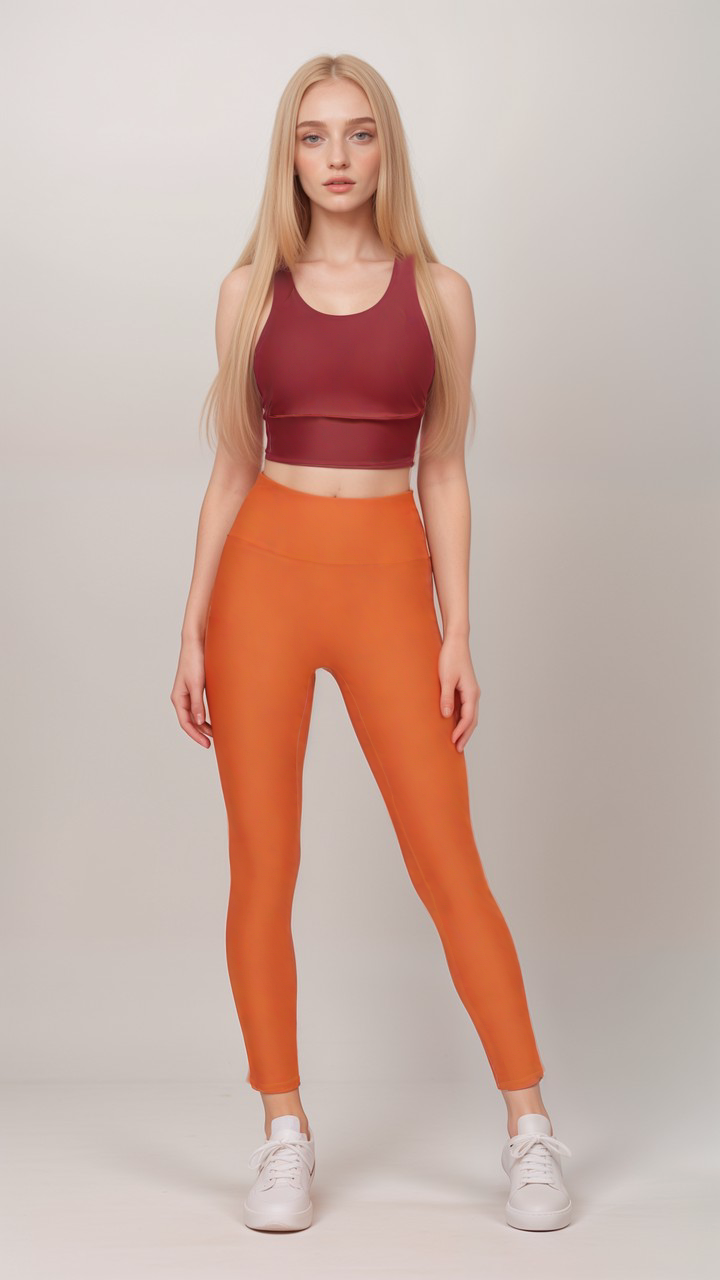 Serena deep red maroon longline sports bra with V-back, made from sustainable materials. Orange leggings eco-friendly Activewear sets - Blissfully Brand