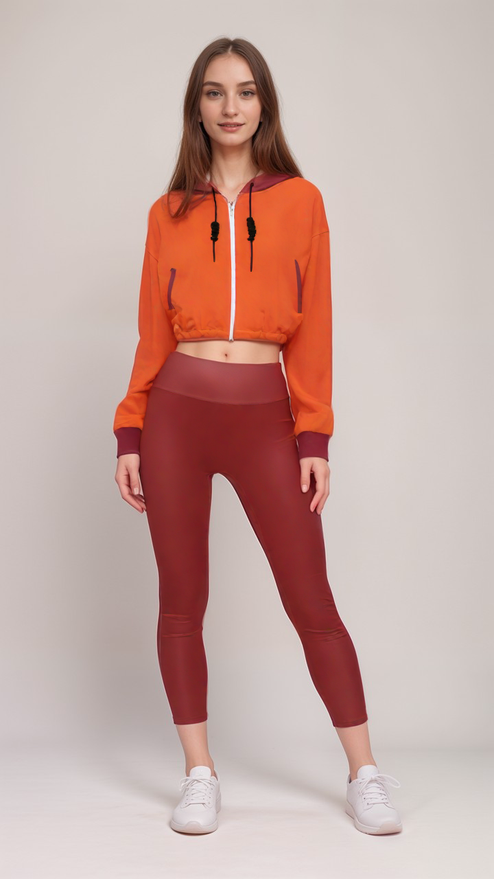 Vibrant orange cropped zip-up hoodie with built-in thumbholes and elastic hem, made from eco-friendly sustainable materials with coordinating deep red high waist leggings - Blissfully Brand