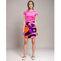 Make a bold statement with this eye-catching geometric print pencil skirt. Vibrant purples, pinks, and oranges create a dynamic, retro-inspired pattern that demands attention. The form-fitting silhouette hugs curves in all the right places, while the high waist pairs perfectly with crop tops for a trendy ensemble. This versatile piece transitions effortlessly from office to evening, infusing any outfit with energetic flair and artistic edge. 
