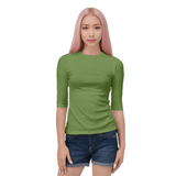 Women's green 3/4 sleeve raglan tee with a crew neck