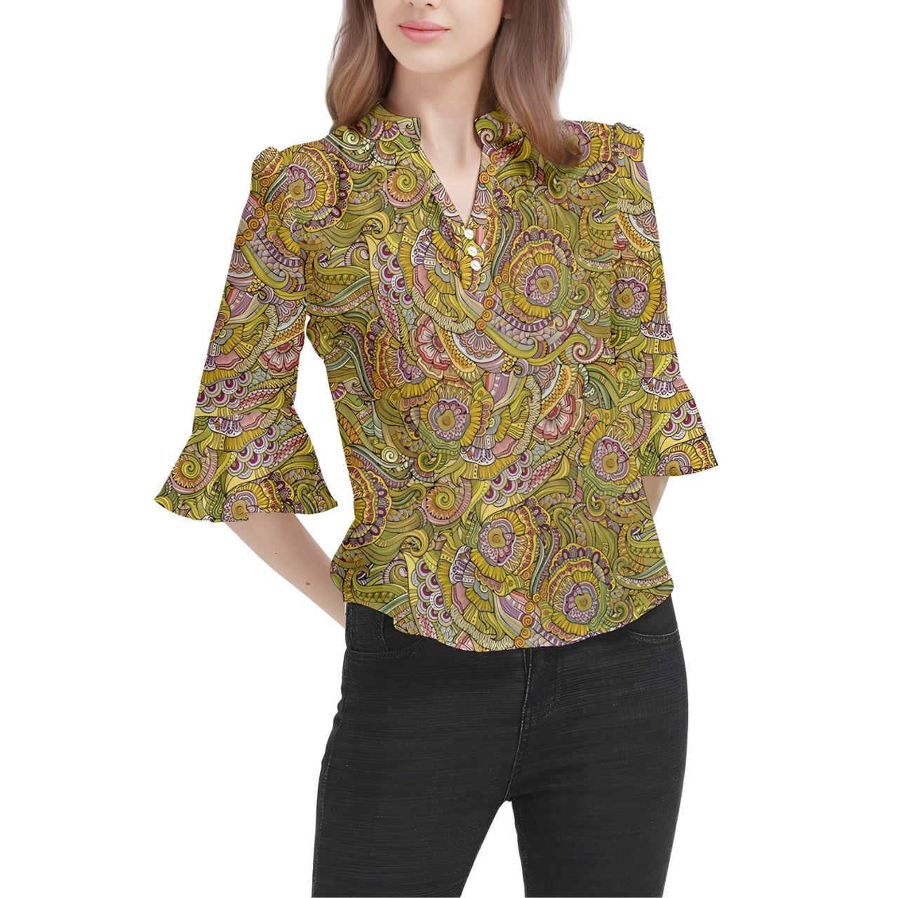 colorful paisley print blouse with stand collar and bell sleeves