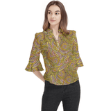 retro green paisley print blouse with stand collar and bell sleeves