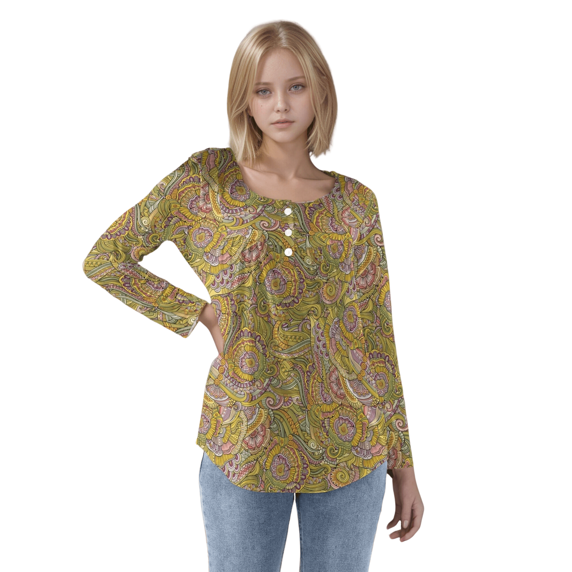 Bohemian Paisley Psychedelic Long sleeve Round neck Relaxed Blouse Top Green Yellow