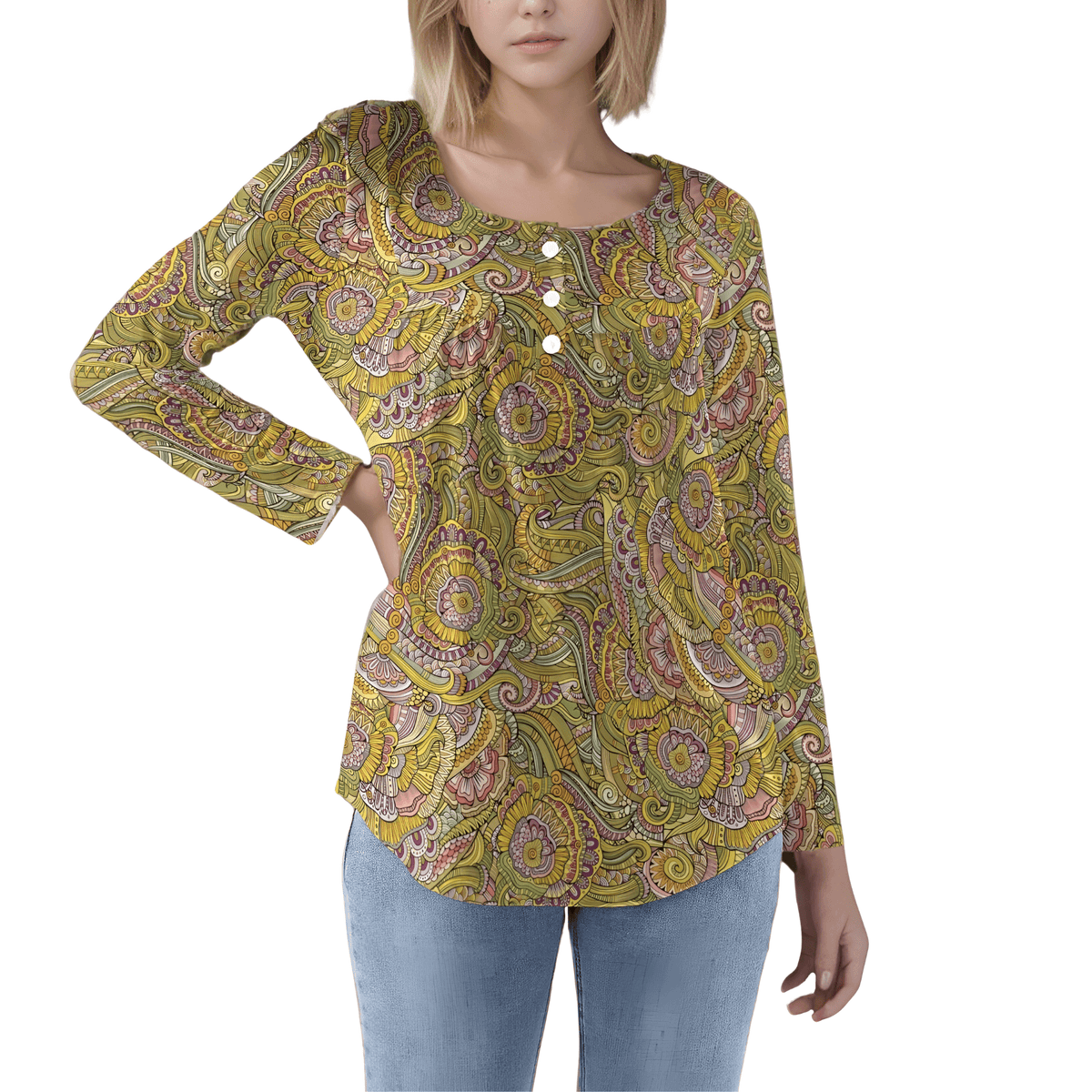 Boho Chic Paisley Psychedelic Long sleeve Round neck Relaxed Blouse Top Green Yellow