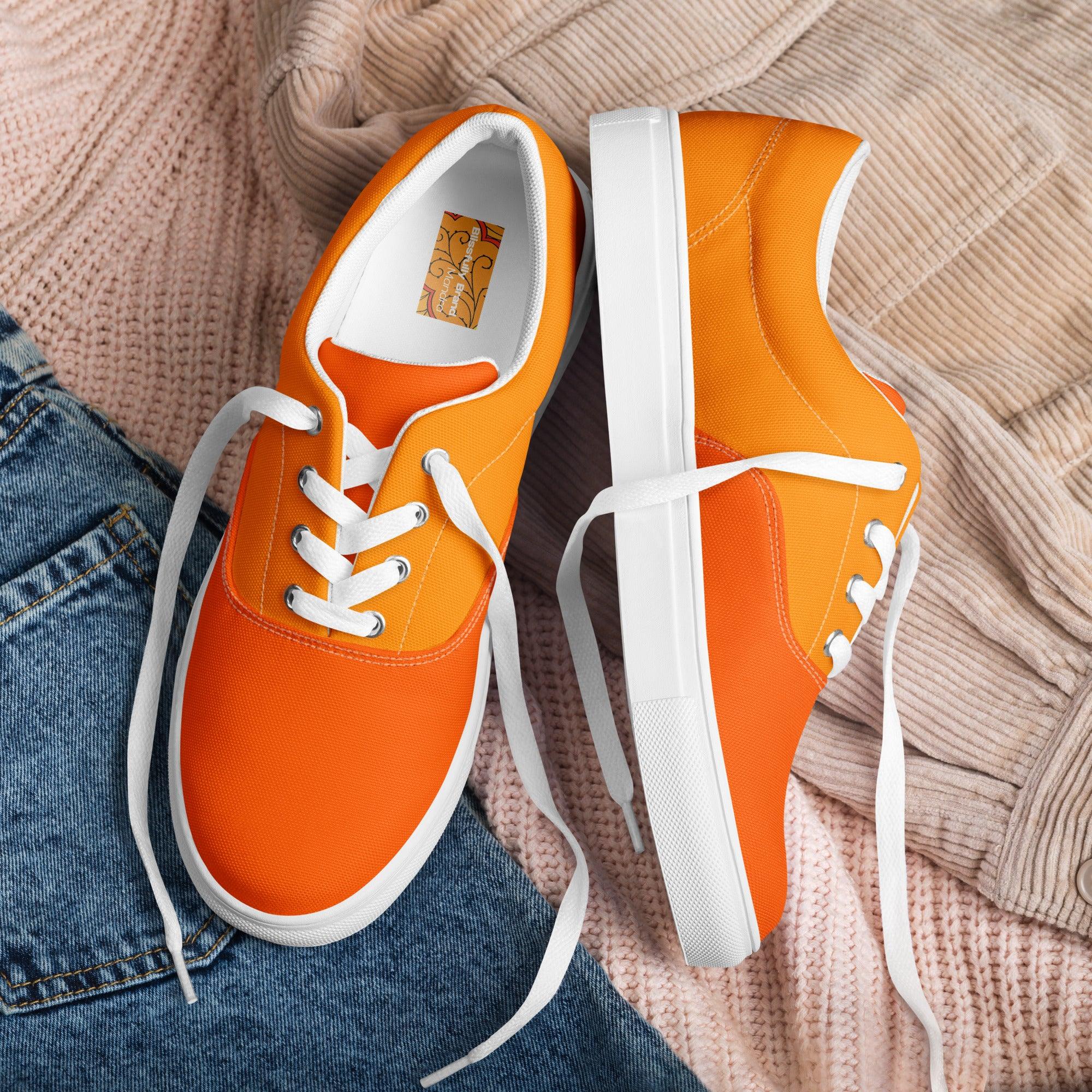 Mandra Orange Color Block Lace Up Canvas Sneakers Two Tone Vibrant Bold Bright Breathable Solid Gym Workout Yoga Sports Casual Women's 