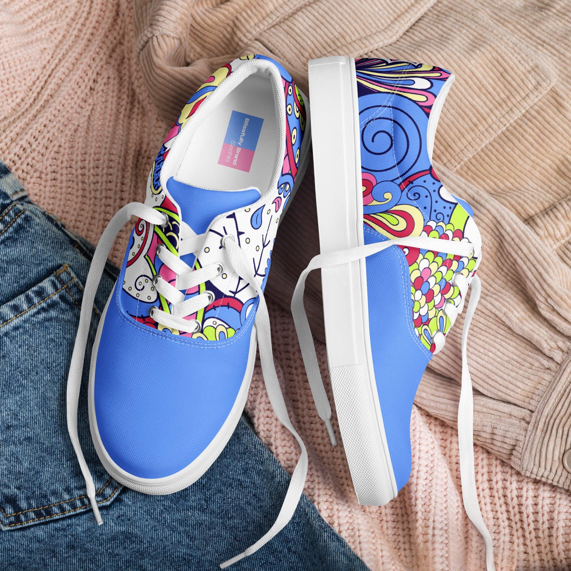 Sechia Pattern Mix Women's Canvas Sneakers - Abstract Paisley Solid Retro Chic Bold Vibrant Casual Hip Funky Psychedelic Flower Power Blue Pink