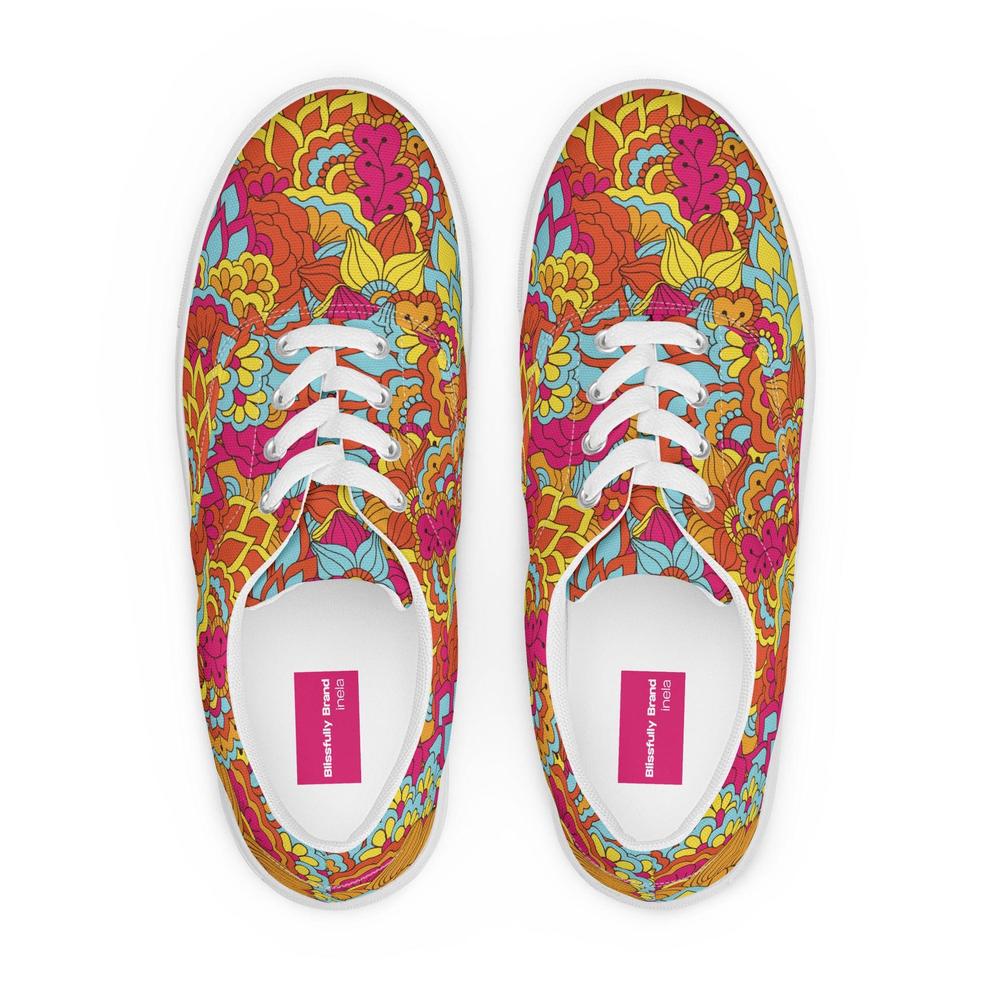Inela Lace-Up Canvas Women's  Sneakers - Retro Flower Power Floral Paisley Psychedelic Vibrant Bold Funky Red Yellow Pink Multicolor
